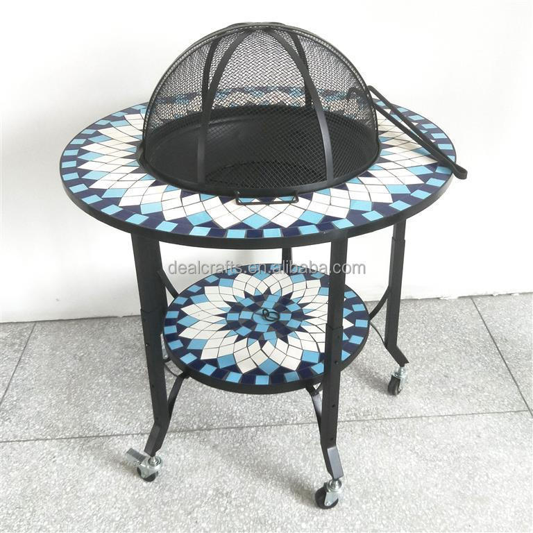 Ceramic tiles top mosaic design height adjustable fire pit coffee table with locking black casters