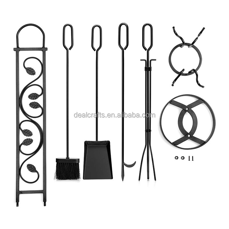 5 Pieces Wrought Iron Fireplace Tools Sets for Indoor Fireplace and Outdoor Fire Pit (Stand, Poker, Tongs, Shovel, Brush),