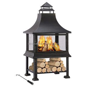 Chiminea Outdoor Fireplace Vintage Wood Burning Fire Pits for Outside Large Patio Firepit with Wood Storage