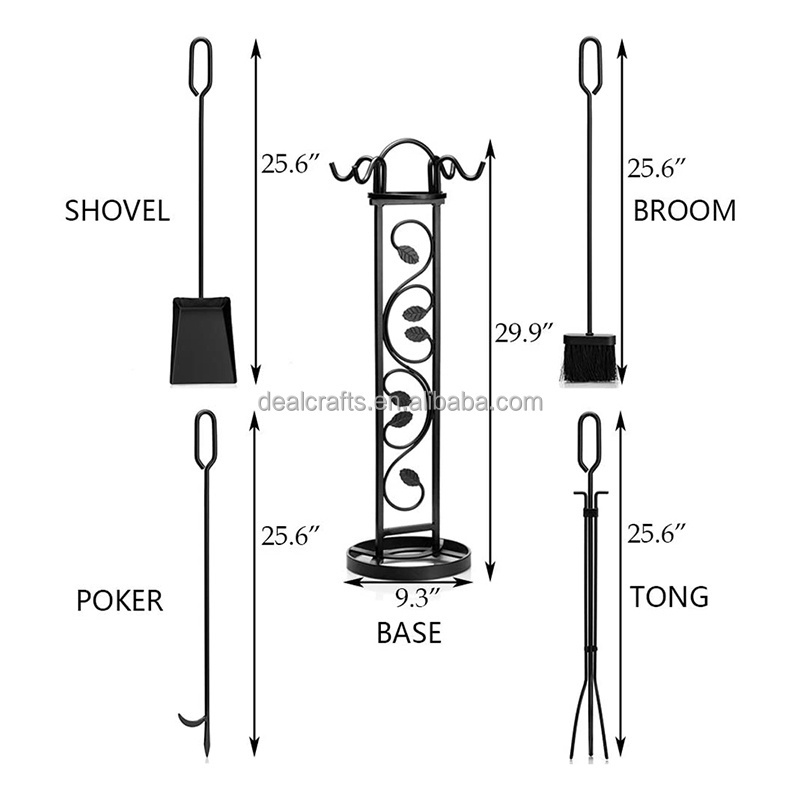 5 Pieces Wrought Iron Fireplace Tools Sets for Indoor Fireplace and Outdoor Fire Pit (Stand, Poker, Tongs, Shovel, Brush),