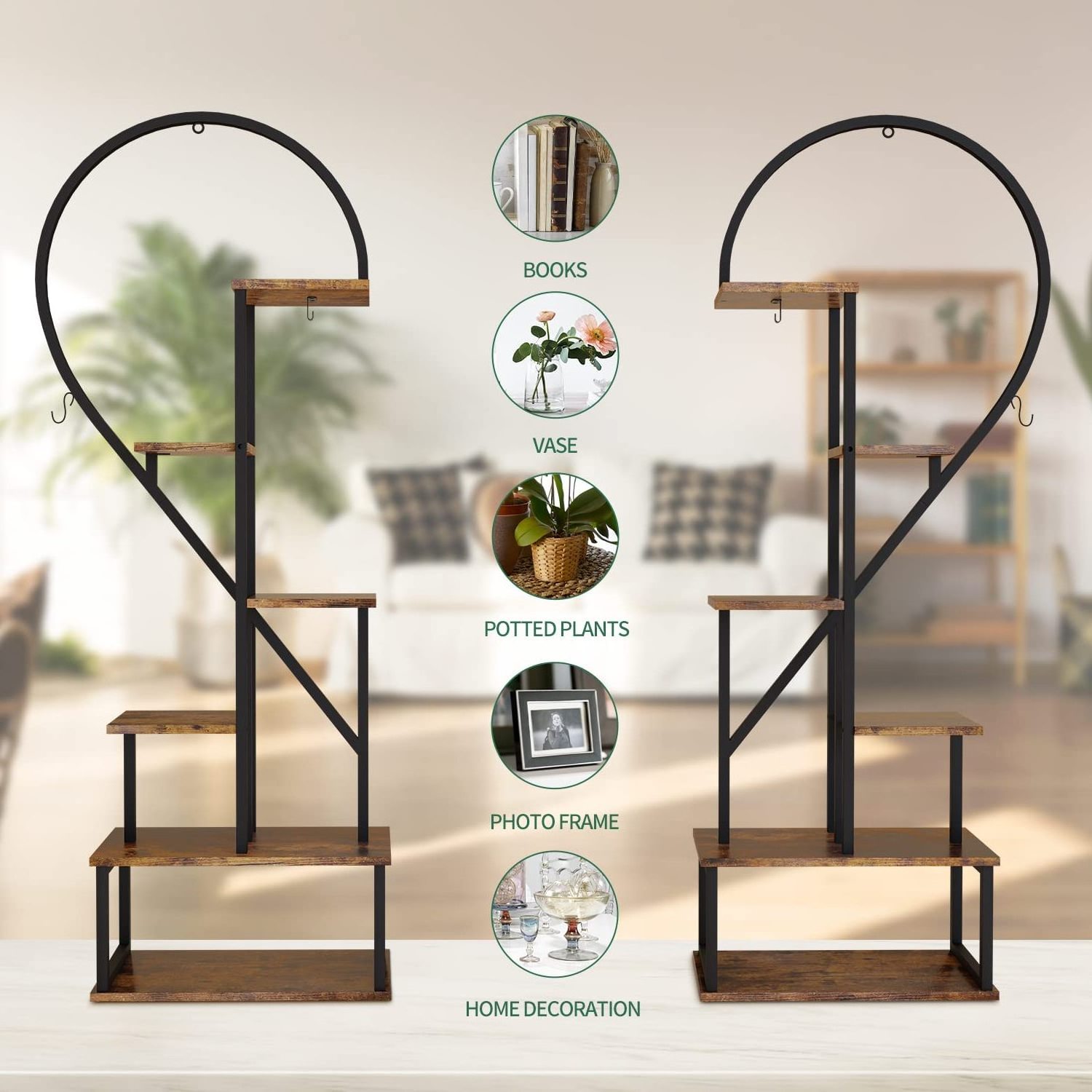 Modern design 6 Tier Metal Plant Stand, Creative Half Heart Shape Ladder Plant Stands for Indoor