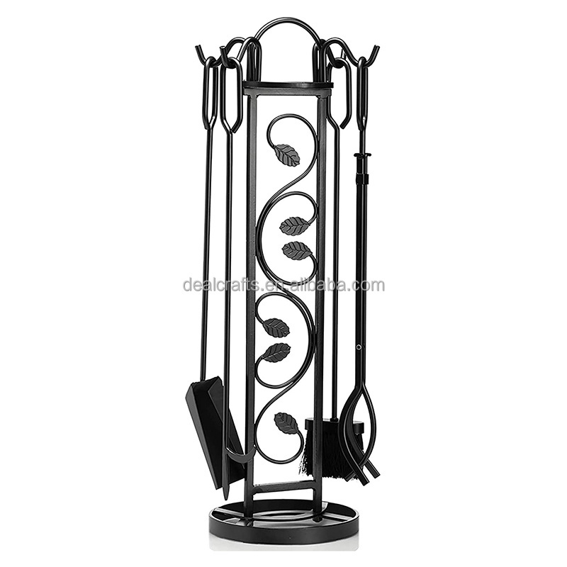 5 Pieces Wrought Iron Fireplace Tools Sets for Indoor Fireplace and Outdoor Fire Pit (Stand, Poker, Tongs, Shovel, Brush),