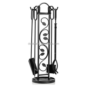 5 Pieces Wrought Iron Fireplace Tools Sets for Indoor Fireplace and Outdoor Fire Pit (Stand, Poker, Tongs, Shovel, Brush),