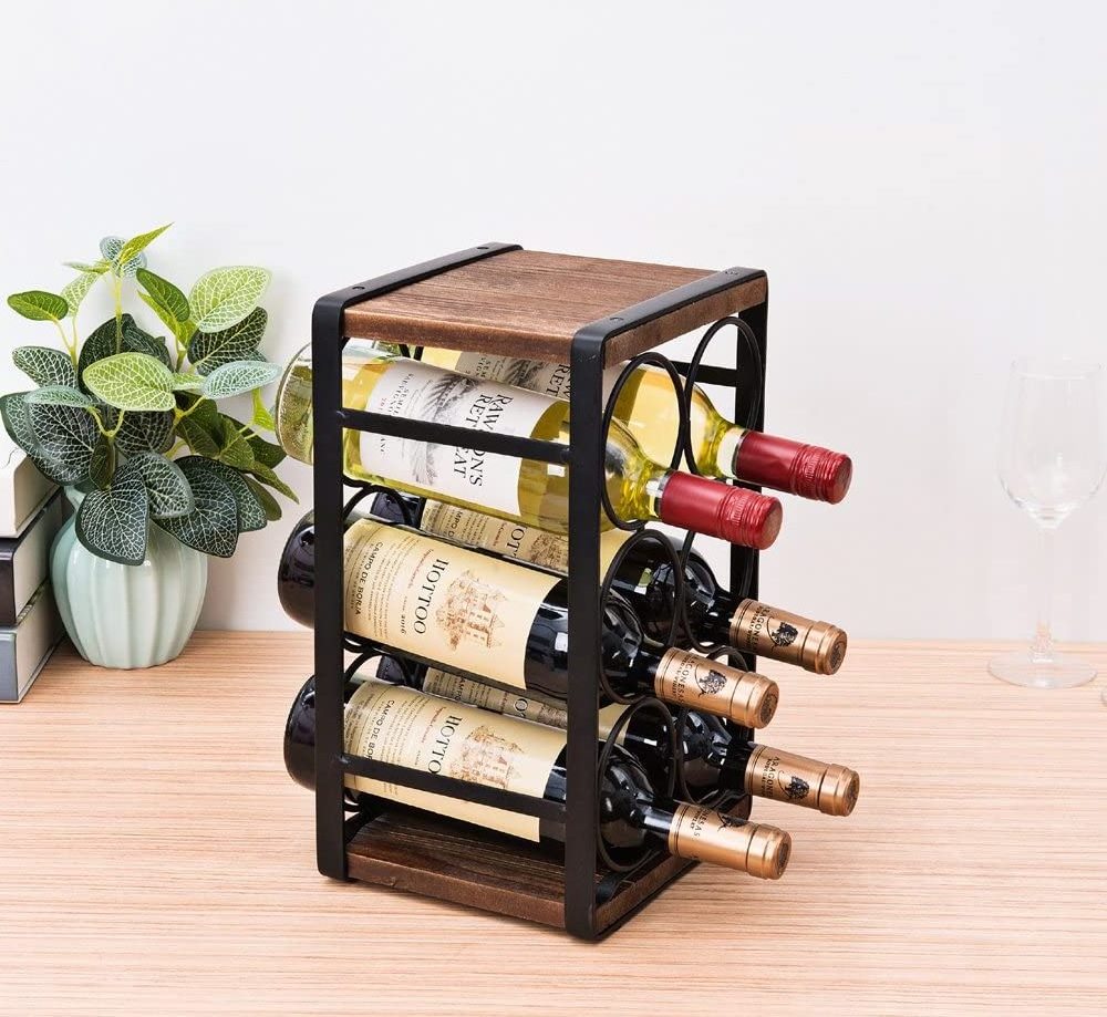 Metal & Wood Rustic Wood Counter top Wine Rack, 6 bottles wine rack for indoor