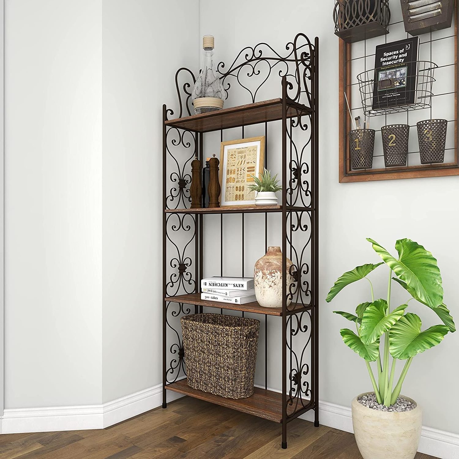 Metal Scroll Tall Folding 4 Shelf Bakers Rack for Home Kitchen Dining Room