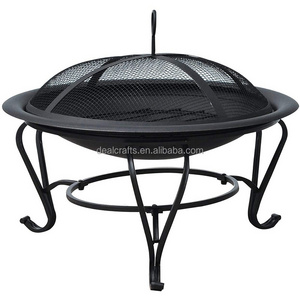 56 cm Diameter Round Outdoor Metal Fire Pit Wood Burning Heater Mesh Lid Garden Stove Patio Brazier with Poker - Black