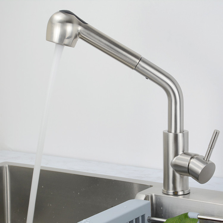 Single Lever Pull Out Kitchen Sink Faucets with Pull Out Sprayer Low Arch SUS 304 Stainless Steel Brushed Nickel Deck Mounted