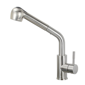 Single Lever Pull Out Kitchen Sink Faucets with Pull Out Sprayer Low Arch SUS 304 Stainless Steel Brushed Nickel Deck Mounted