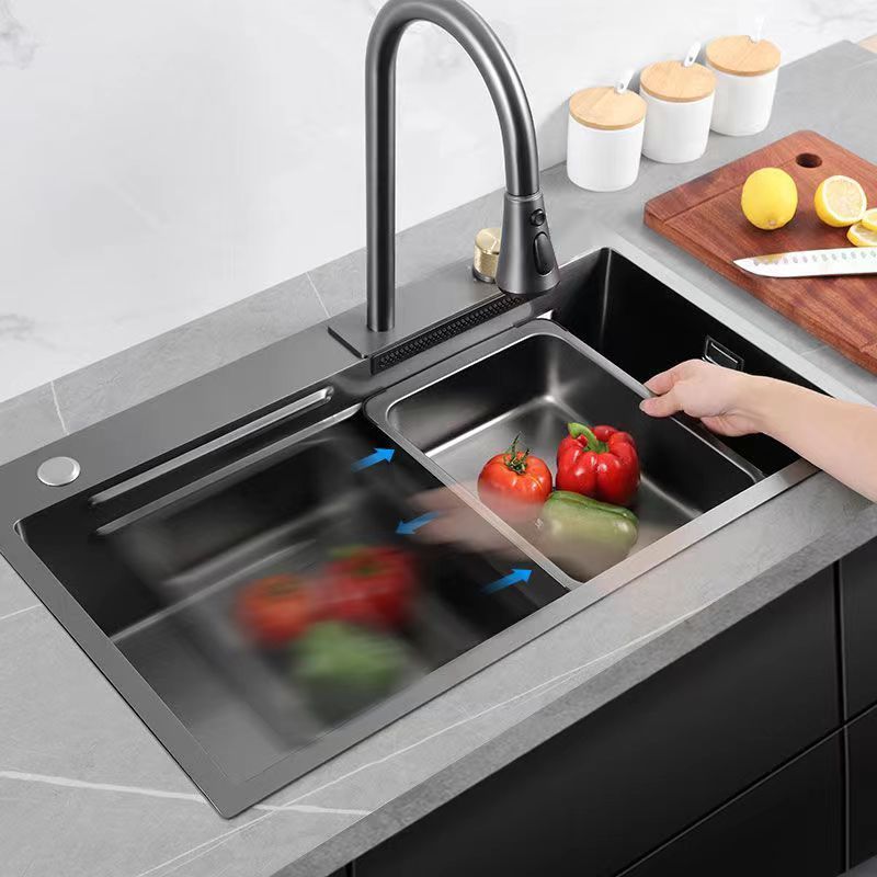 Tiktok Trends Metal Grey black Stainless Steel Kitchen Sink Sets with Flying Rainfall Faucet