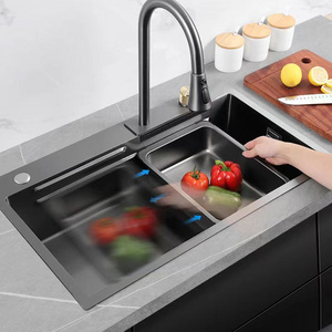 Tiktok Trends Metal Grey black Stainless Steel Kitchen Sink Sets with Flying Rainfall Faucet