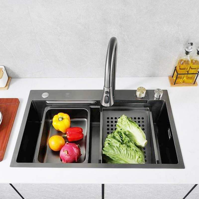 Tiktok Trends Metal Grey black Stainless Steel Kitchen Sink Sets with Flying Rainfall Faucet