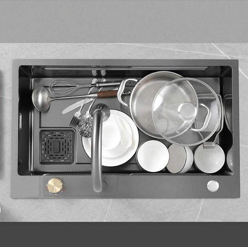 Tiktok Trends Metal Grey black Stainless Steel Kitchen Sink Sets with Flying Rainfall Faucet