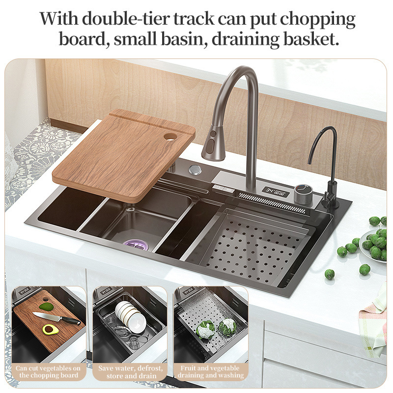 Deao Digital Display Stainless Steel Pull Out Waterfall Faucet Nano Black Multifunctional Kitchen Sink With Digital Display