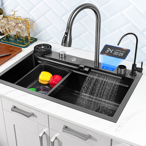 Deao Digital Display Stainless Steel Pull Out Waterfall Faucet Nano Black Multifunctional Kitchen Sink With Digital Display