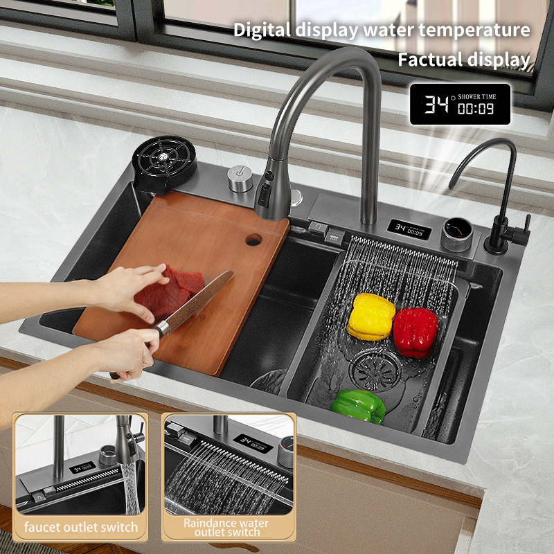 Deao Digital Display Stainless Steel Pull Out Waterfall Faucet Nano Black Multifunctional Kitchen Sink With Digital Display