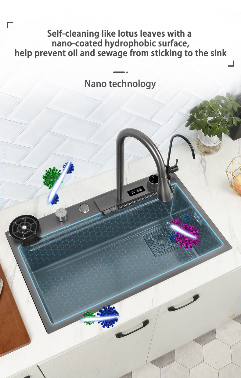 Deao Digital Display Stainless Steel Pull Out Waterfall Faucet Nano Black Multifunctional Kitchen Sink With Digital Display