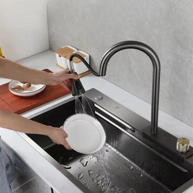 Stainless Steel Waterfall Kitchen Sink Pull type faucet Single Slot with High Pressure Cup Washer Coffee Shop Wine Bar Sink