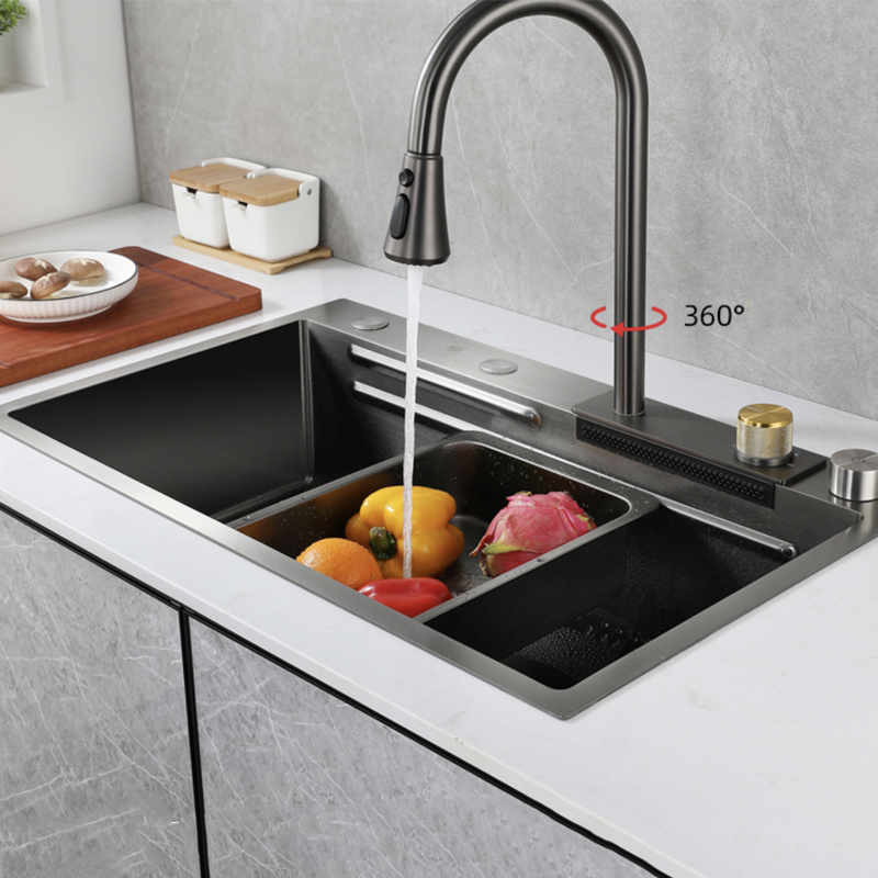 Stainless Steel Waterfall Kitchen Sink Pull type faucet Single Slot with High Pressure Cup Washer Coffee Shop Wine Bar Sink