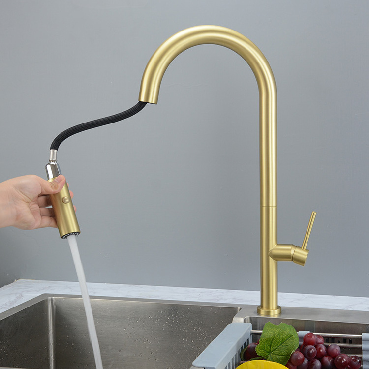 Brushed Gold Kitchen Sink Faucet with Pull Down Sprayer Kitchen Mixer Tap with Two Water Modes Sprayer High Arc Style