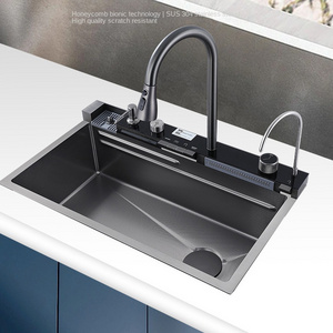 Tiktok Multifunctional Stainless Steel Kitchen Sink Grey with Digital Integrated multifunctional pull down faucet