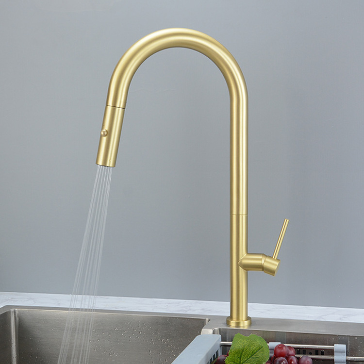 Brushed Gold Kitchen Sink Faucet with Pull Down Sprayer Kitchen Mixer Tap with Two Water Modes Sprayer High Arc Style