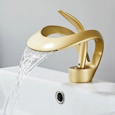 Deao Art deck mounted Hot Cold Faucet brass brushed gold bathroom mixer taps waterfall basin sink faucet