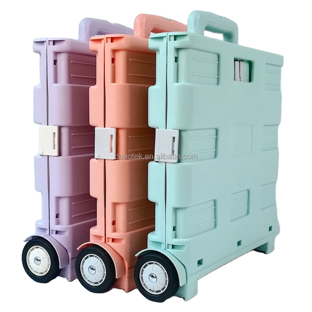 Pink Rolling Garden Trolley Portable Folding Vegetable Plastic Collapsible Cart With Wheels rolling crate