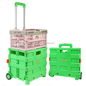 customize small size 2 wheels Collapsible folding plastic foldable shopping cart Trolley With Wheels rolling crate