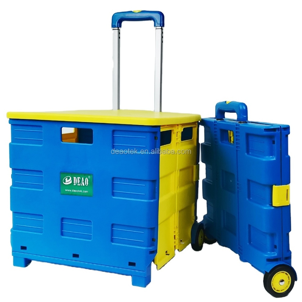 Collapsible Rolling Crate on Wheels for Teachers Tote Basket with Lid Made from Heavy Duty Plastic and used as a Seat