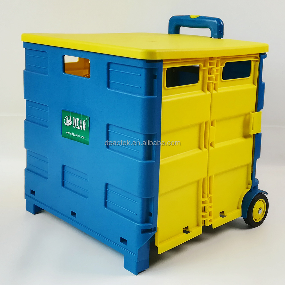 2 Wheels Rolling Crate Collapsible Rolling Cart with Lid Folding shopping trolley Rolling Box Carrier with Handle for Shopping