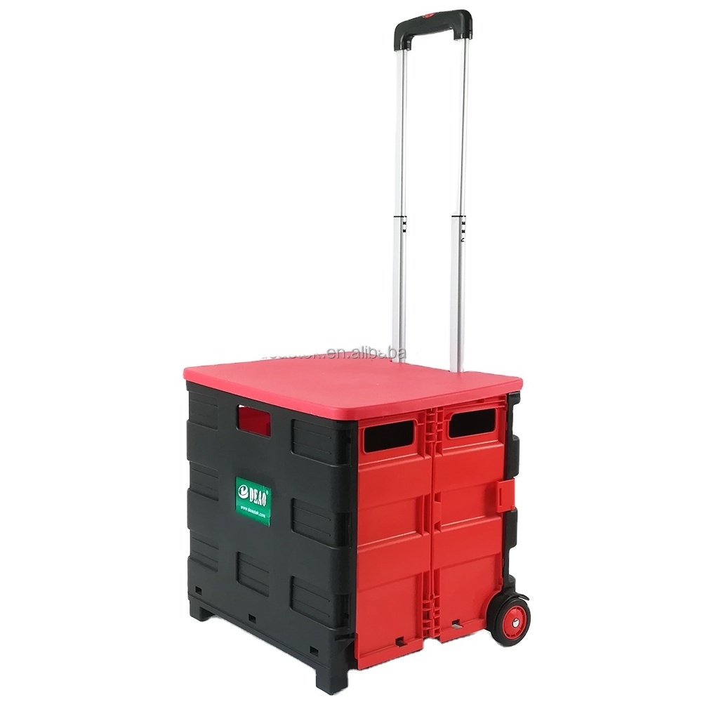 Collapsible Rolling Crate on Wheels for Teachers Tote Basket with Lid Made from Heavy Duty Plastic and used as a Seat