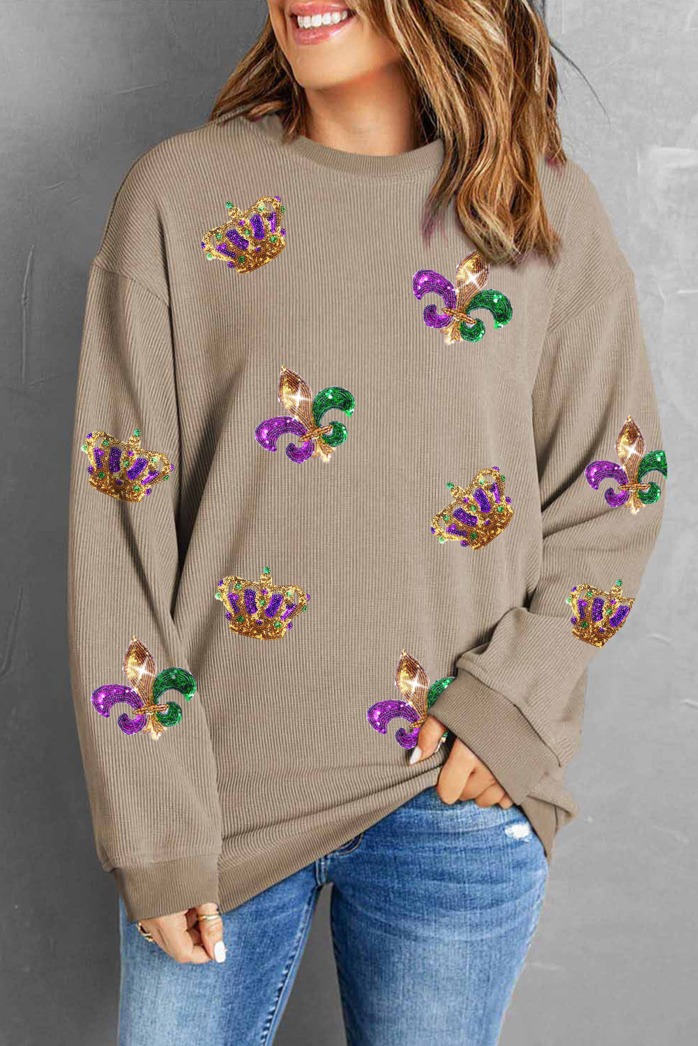 Dear-Lover Christmas Custom Graphic Sequin Crown Fleur De Lis Corded Sweatshirt Women