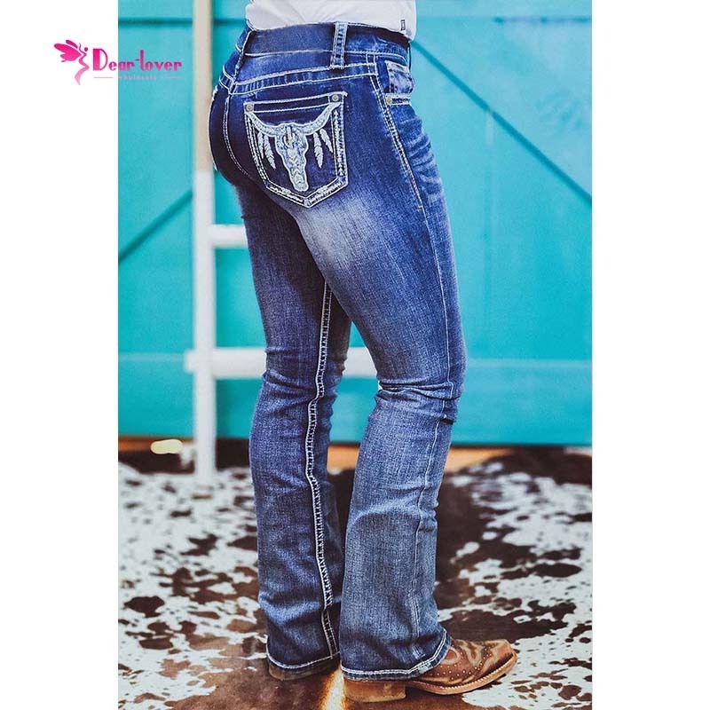 Western Clothing Embroidered Cow Print Women's Jeans Casual Straight Leg Jeans