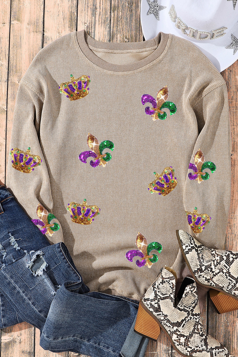 Dear-Lover Christmas Custom Graphic Sequin Crown Fleur De Lis Corded Sweatshirt Women