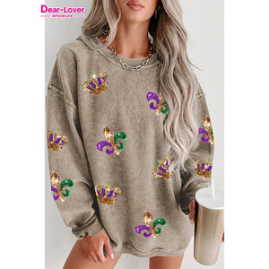 Dear-Lover Christmas Custom Graphic Sequin Crown Fleur De Lis Corded Sweatshirt Women