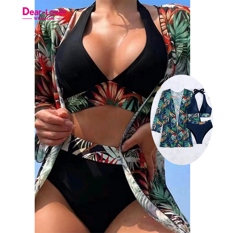 Dear-Lover Wholesale Swimwear Beachwear Black 3pcs Tropical Contrast Trim Halter High Waist Bikini Set with Cover up