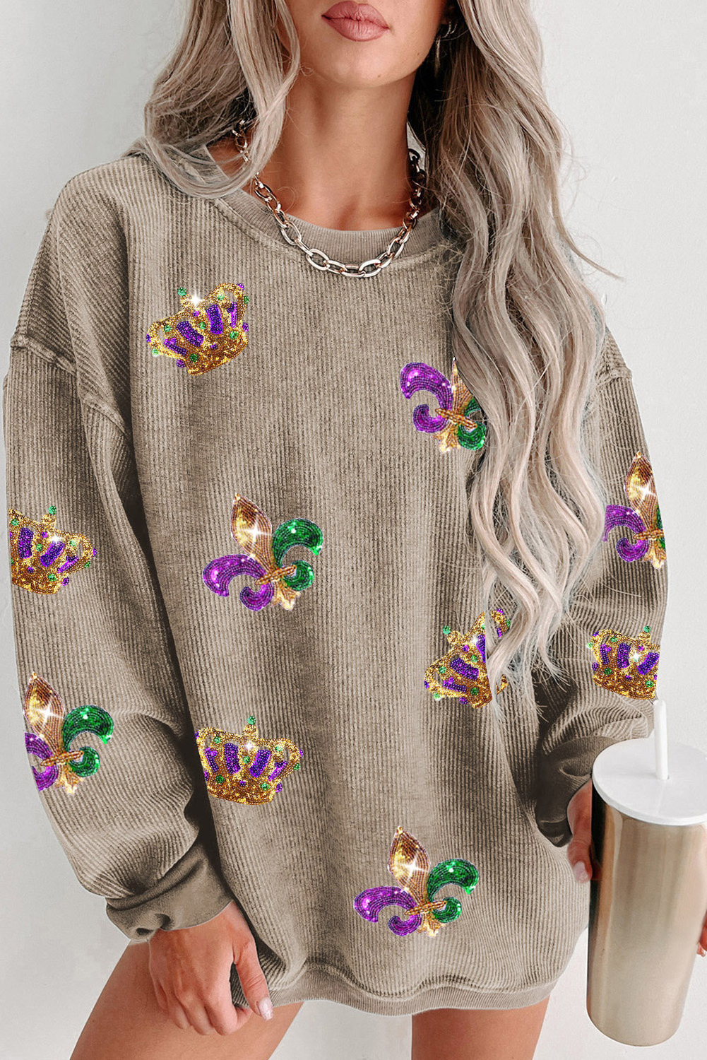 Dear-Lover Christmas Custom Graphic Sequin Crown Fleur De Lis Corded Sweatshirt Women