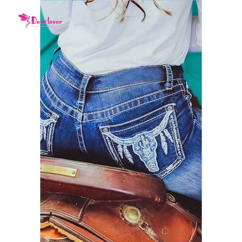 Western Clothing Embroidered Cow Print Women's Jeans Casual Straight Leg Jeans