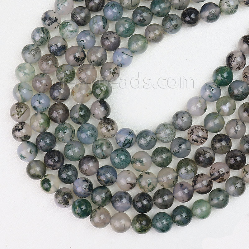 100% Natural Green Moss Agate 5A Loose Stone Beads for Jewelry Making 6mm 8mm 10mm