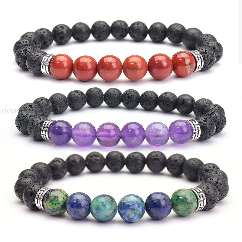 Cheap Genuine Natural Gem Stone Beaded Bracelet, Colorful Lava and Crystal Durable stretch Bracelets For Women Jewelry