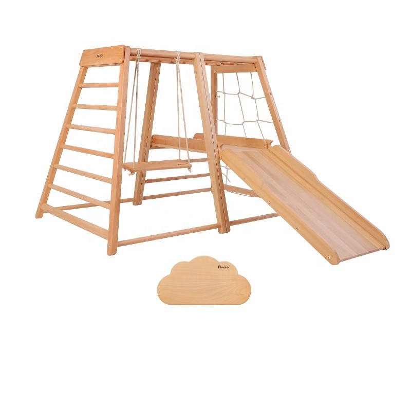 3A Solid Wood Indoor Kids Play Jungle Gym with Cloud Shaped Swing