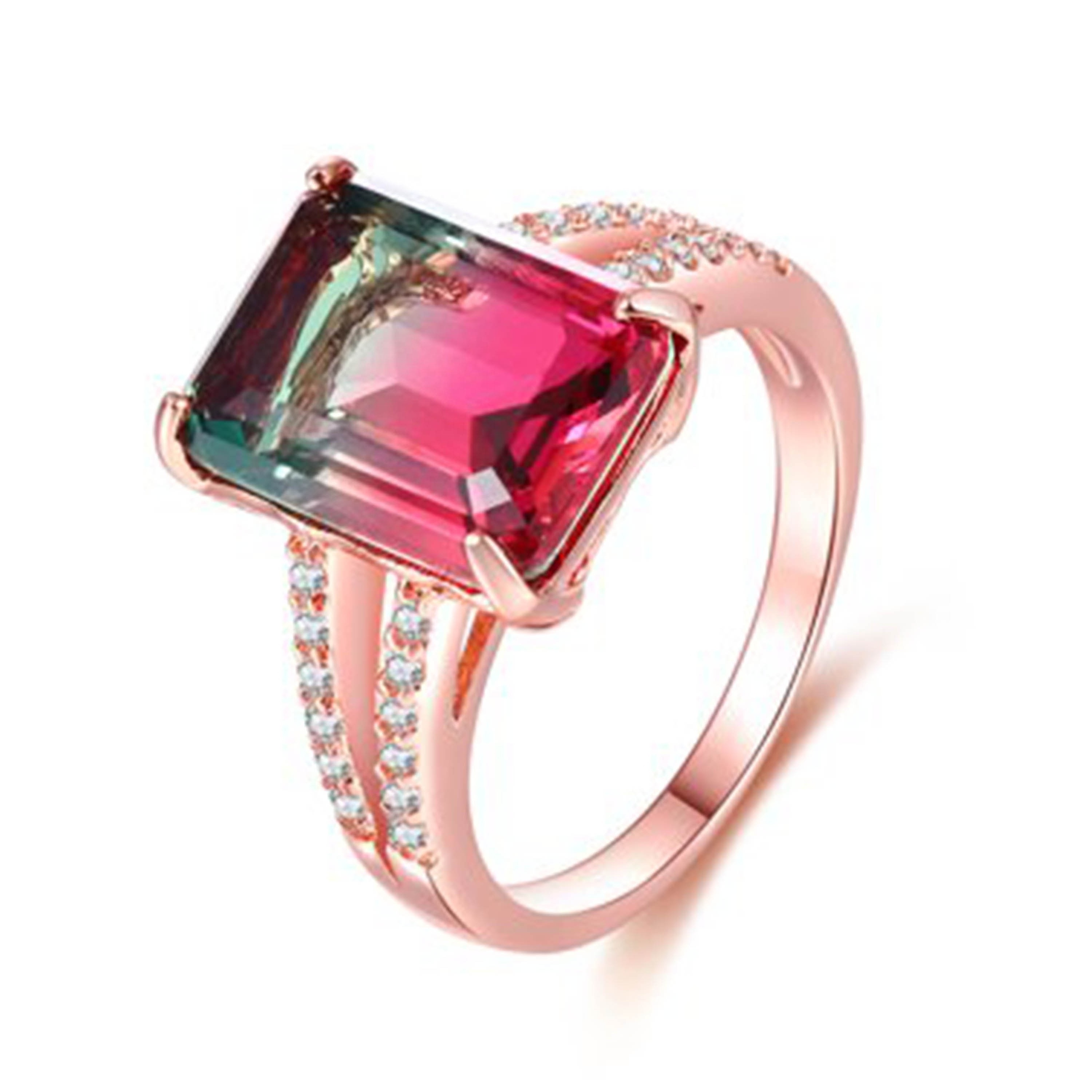 18K Rose-Gold Plating Emerald Cut Prong Set Watermelon Tourmaline Ring