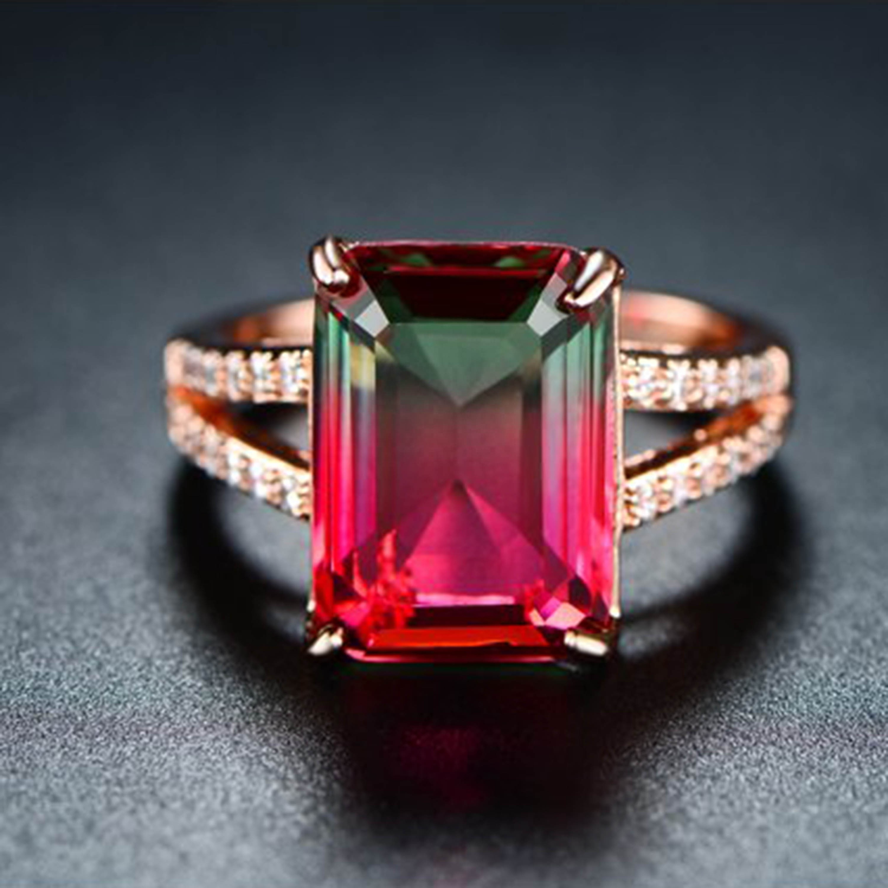 18K Rose-Gold Plating Emerald Cut Prong Set Watermelon Tourmaline Ring