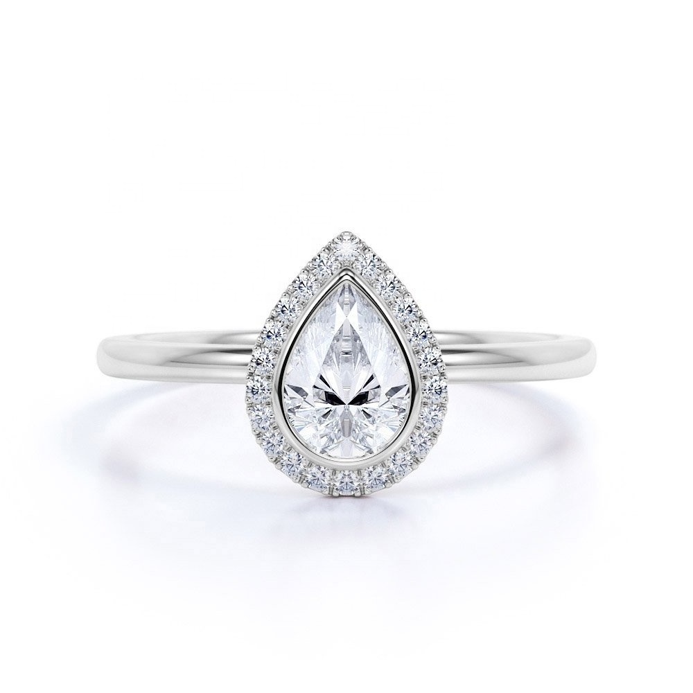 925 Sterling Silver 2 Carat Pear Shape Moissanite and Diamond Halo Engagement Ring