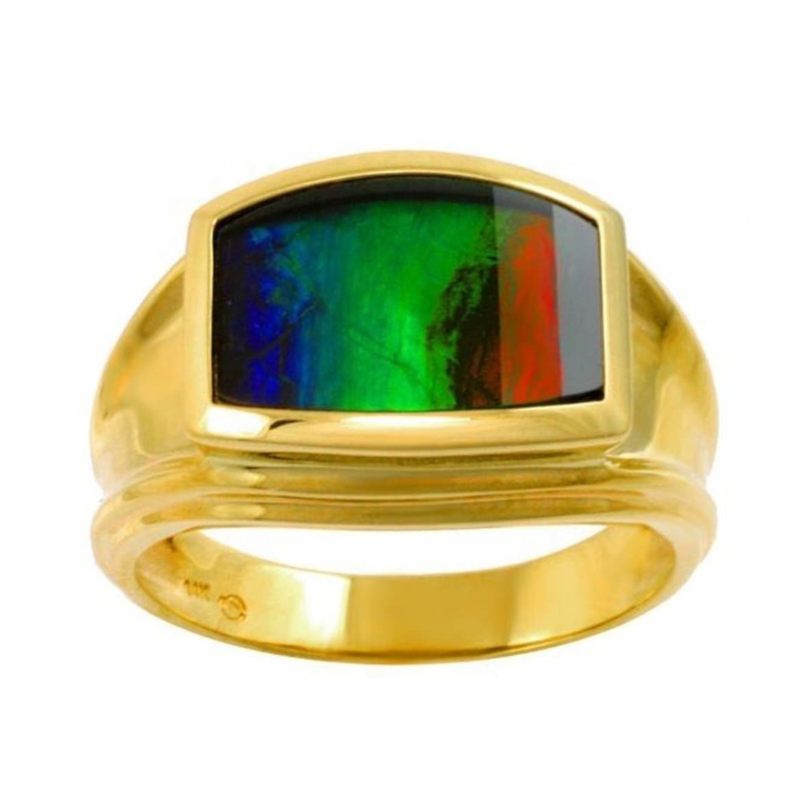 925 Sterling Silver 18K Yellow Gold Plated Grade Faceted Synthetic Ammolite Mens Ring