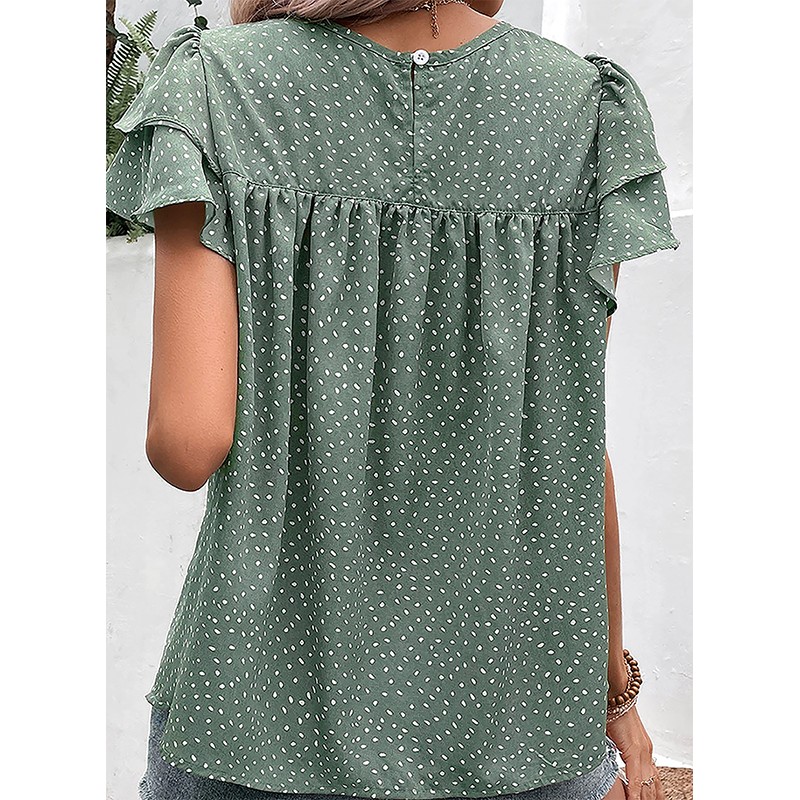 Dear-Lover Summer Tops New Dotted Ruffle Sleeve Crew Neck Ruched Blouses Elegant Women