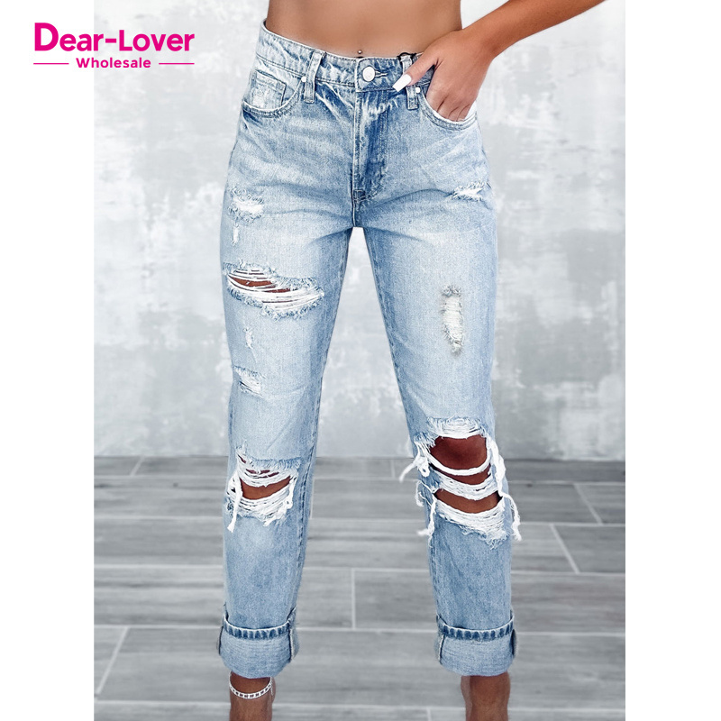 Dear-Lover Wholesale Private Label High Waist Fashion Western Denim Pant Washed Ripped Distressed Flared Bell Bottom Jeans Women