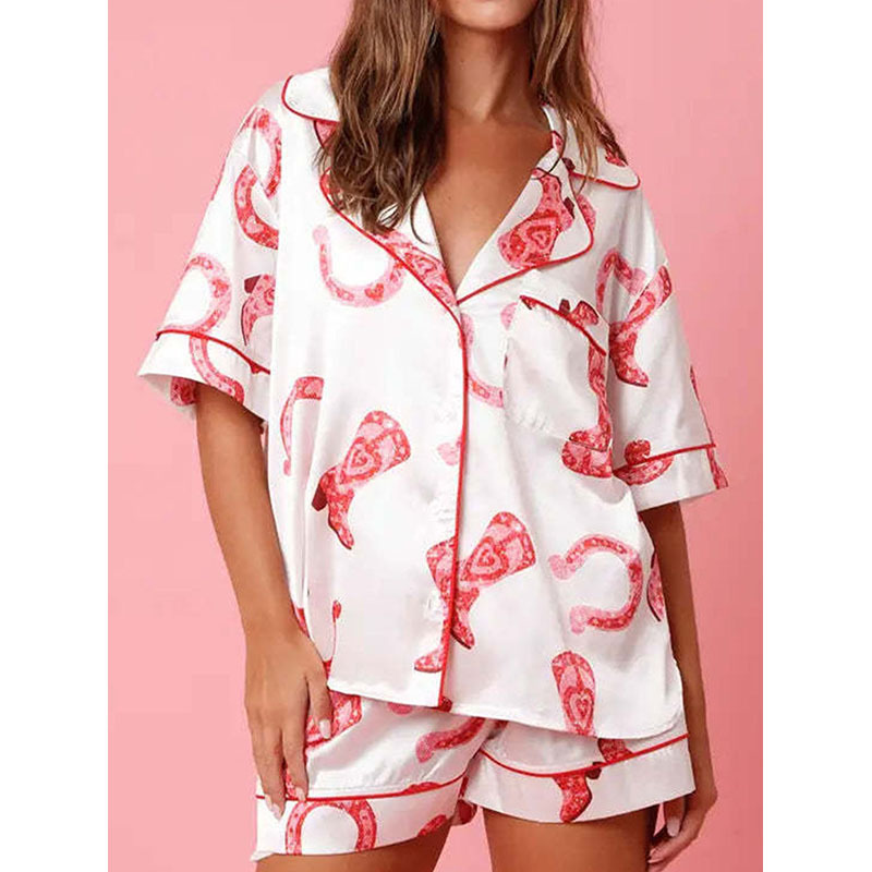 Dear-Lover Wholesale Private Label Fashion All Over Print High Quality Summer 2 Piece Sleepwear Satin Pajamas Set For Women