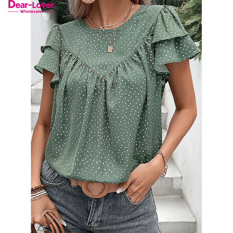 Dear-Lover Summer Tops New Dotted Ruffle Sleeve Crew Neck Ruched Blouses Elegant Women