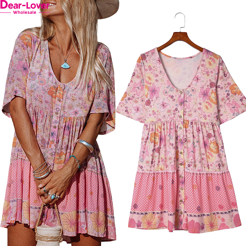 Dear-Lover Wholesale Fast Shipping Ropa Mujer Vestidos Casuals Floral Print Ruffle Mini Dress Ladies Dresses